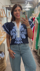 Blue Ruffle Sleeves Top