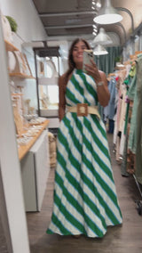 Green & Blue Print Neck Detail Dress