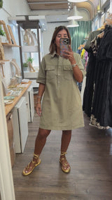 Light Olive Front Pockets Dress