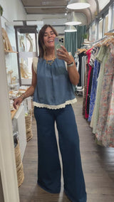 Dark Denim Chambray w/Lace Detail Top