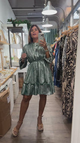 Green Metallic Drawstring Waist Dress