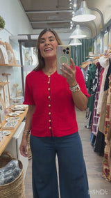 Red Textured Button Down Top