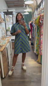 Green & Blue Striped Shirt Dress