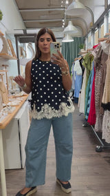 Navy Polka Dots & Lace Top