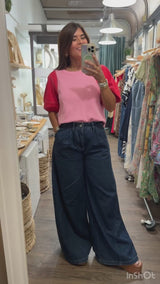Pink & Red Contrast Sleeves Top