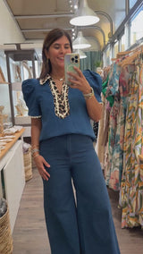 Denim & Leopard Trim Top