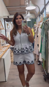 Navy Embroidered Detail Top & Shorts Set