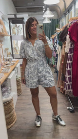 Blue Leaves Cinched Waist Romper