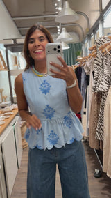 Blue Embroidered Peplum Top