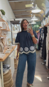 Navy Embroidered Scalloped Hem Top