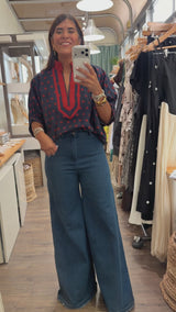 Navy & Brick Polka Dots Top