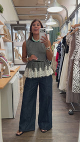 Black Stripes Lace Hem Top
