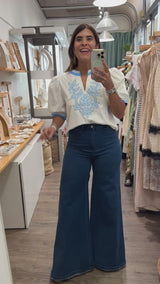 Ivory & Light Blue Stripes Contrast Top