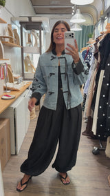 Mandarin Neck & Embroidered Sleeves Denim Jacket