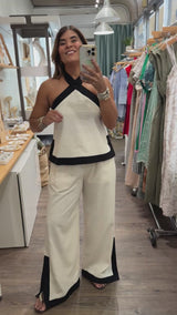 Beige & Black Halter Top & Pants Set