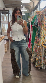 Denim & Leopard Print Contrast Jeans
