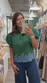 Hunter Green & Blue Embroidered Detail Top