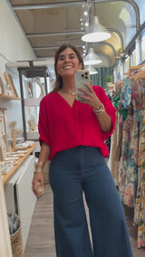 Red Braided V-Neck Top