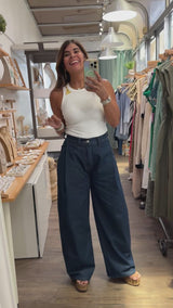 Dark Denim Pleated Detail Jeans