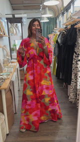 Red Mix Kimono Sleeves Maxi Dress