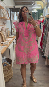 RE-STOCK Pink & Green Embroidered Dress