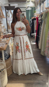 White Embroidered Halter Maxi Dress
