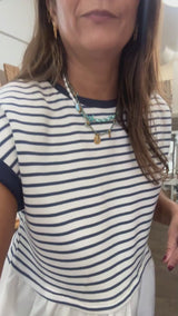 Navy Stripes Scalloped Hem Top