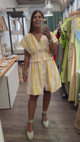 Yellow Mix Pleated Waist Dress
