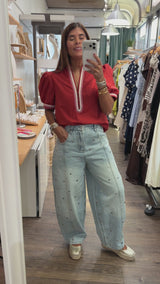 Light Denim Studded Barrel Jeans