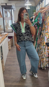 Black Print Ruffled Sleeves  Top