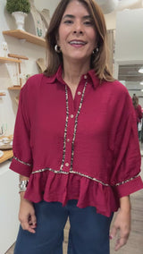 Burgundy Leopard Trim Top