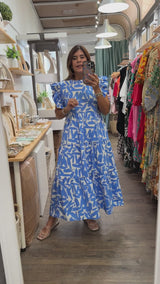 Blue Brushstrokes Print Maxi Dress