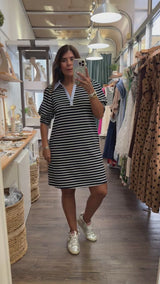 Navy Striped Collared Neck Dress