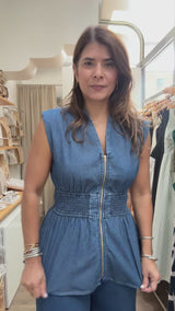 Denim Front Zipper Top