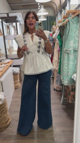 Ivory & Blue Embroidery Top