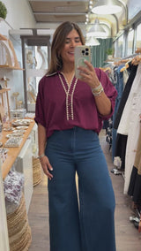Burgundy Embroidered Detail Collared Top