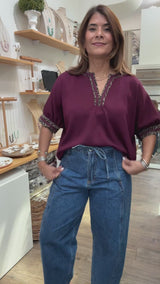 Burgundy V-Neck Trim Detail Top