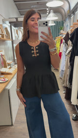 Black Buckle Detail Peplum Top