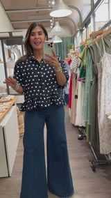 Navy Polka Dots Button Down Top
