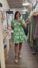 Green Floral Print Drop Waist Dress