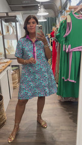 Aqua & Purple Print Neck Detail Dress