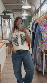 Blue Embroidered Detail Button Down Top