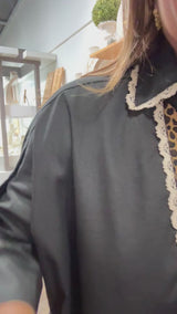 Black Lace Trim 3/4 Sleeves Top