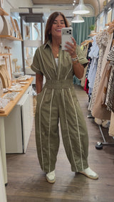 Olive Smocked Waist Barrel Jumpsuit