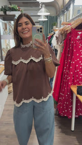 Brown Contrast Stitch Top