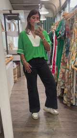 Green & White Collared Neck Top