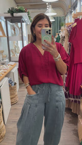 Wine Braided V-Neck Top