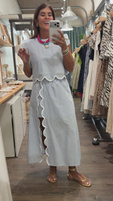 Blue Stripes Scalloped Top & Skirt Set