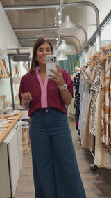 Merlot & Pink V-Neck Top
