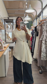 White Asymmetrical Gold Brooch Top